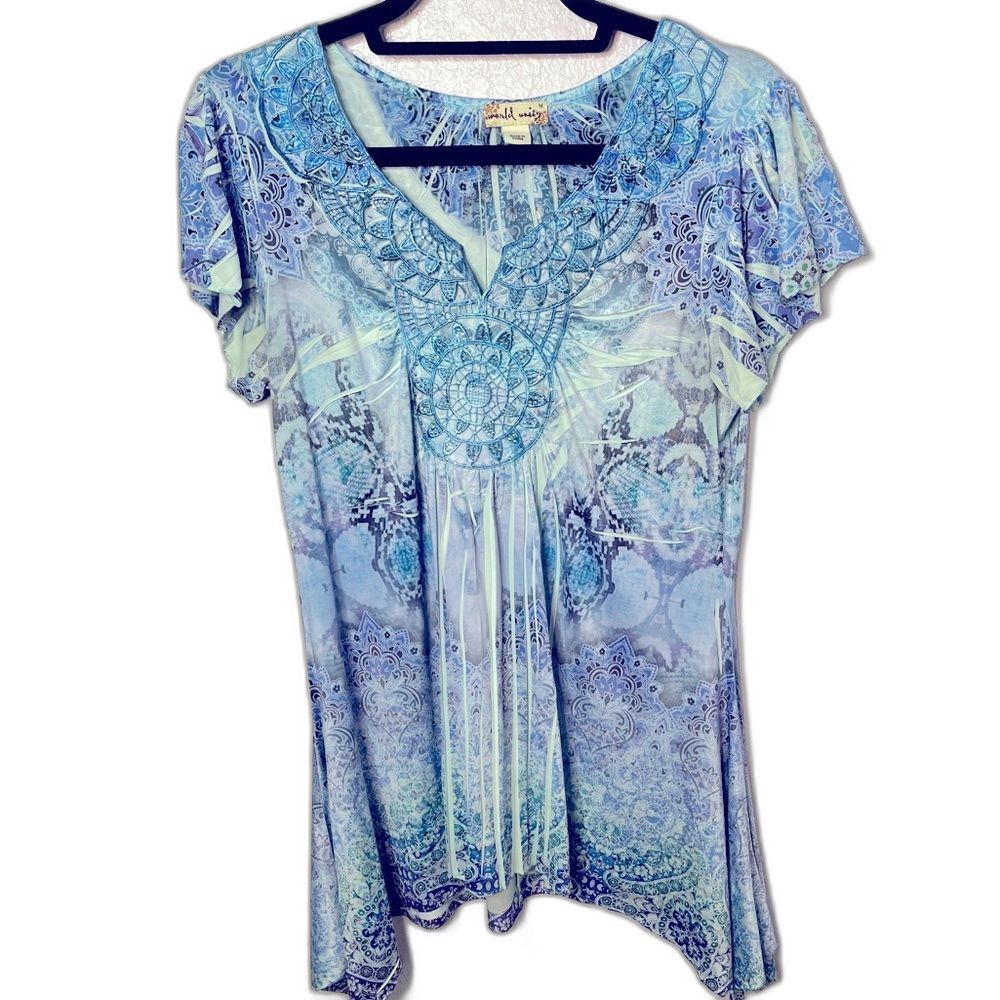 World Unity Embellished BOHO Tunic Blue Purple Handkerchief Hem Size M.